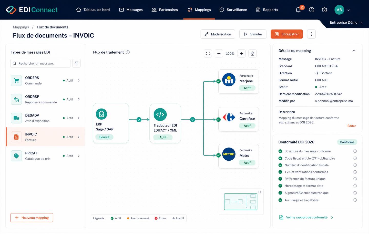 Écran de mapping EDIConnect : flux de documents INVOIC entre ERP, traducteur EDIFACT et partenaires, avec checklist de conformité DGI 2026